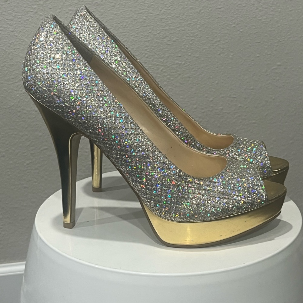 Enzo Angiolini Silver Glitter Heels with Gold Platform
